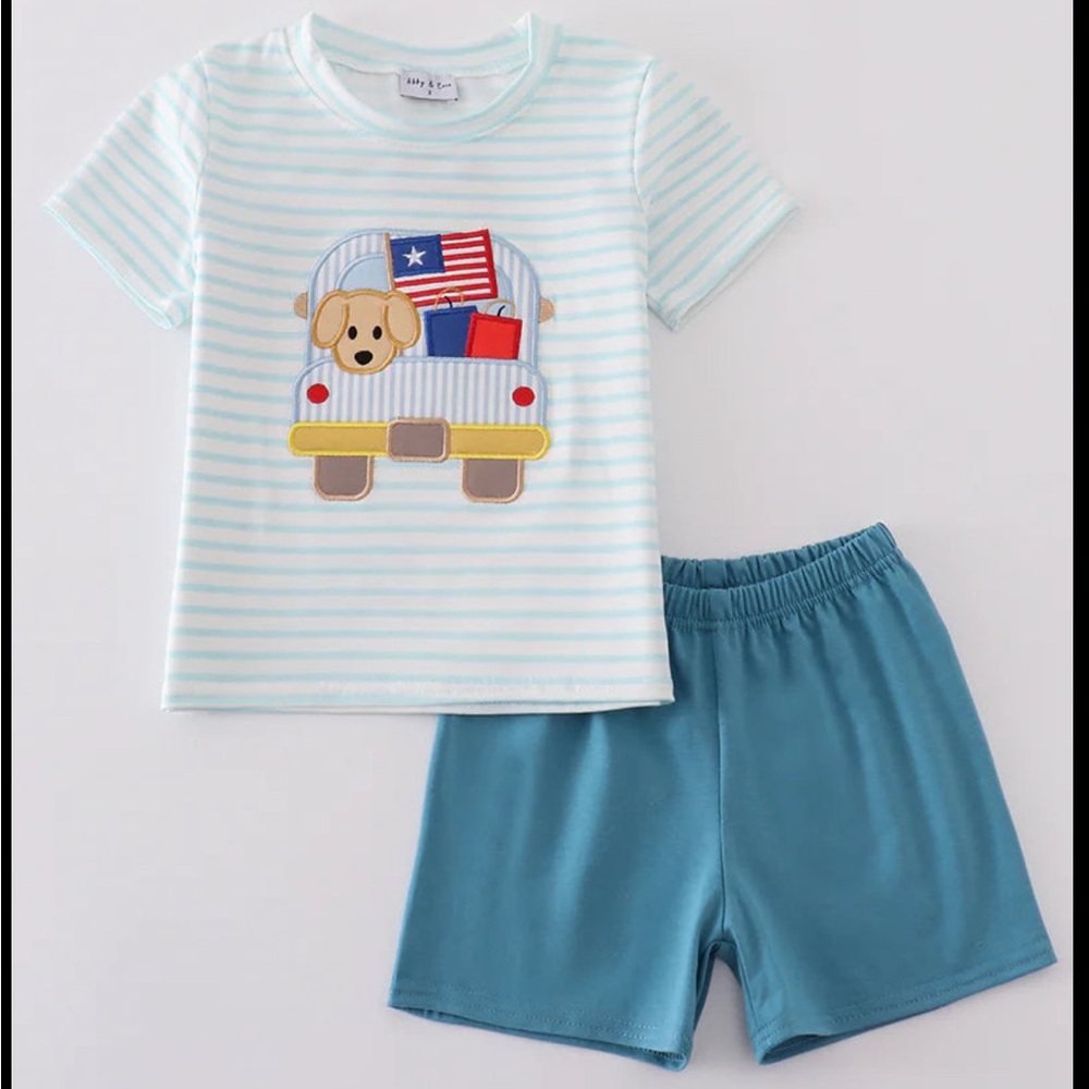 Boutique Blue Stripe Puppy Flag Applique Shorts Set